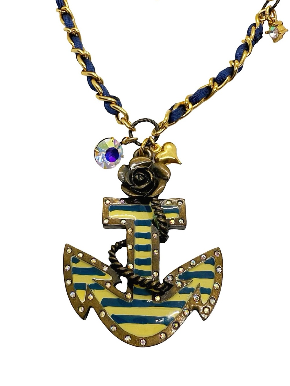 Betsy Johnson Navy & Cream Anchor Pendant Necklace with Rose Charm